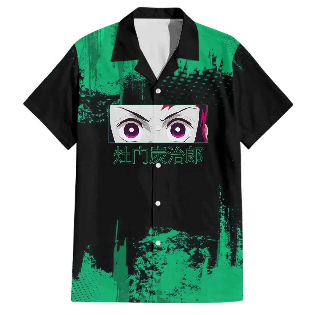 Tanjiro Kamado Demon Slayer Green Grunge Design Family Matching Off Shoulder Maxi Dress and Hawaiian Shirt with Determined Eyes and Classic Checkered Haori