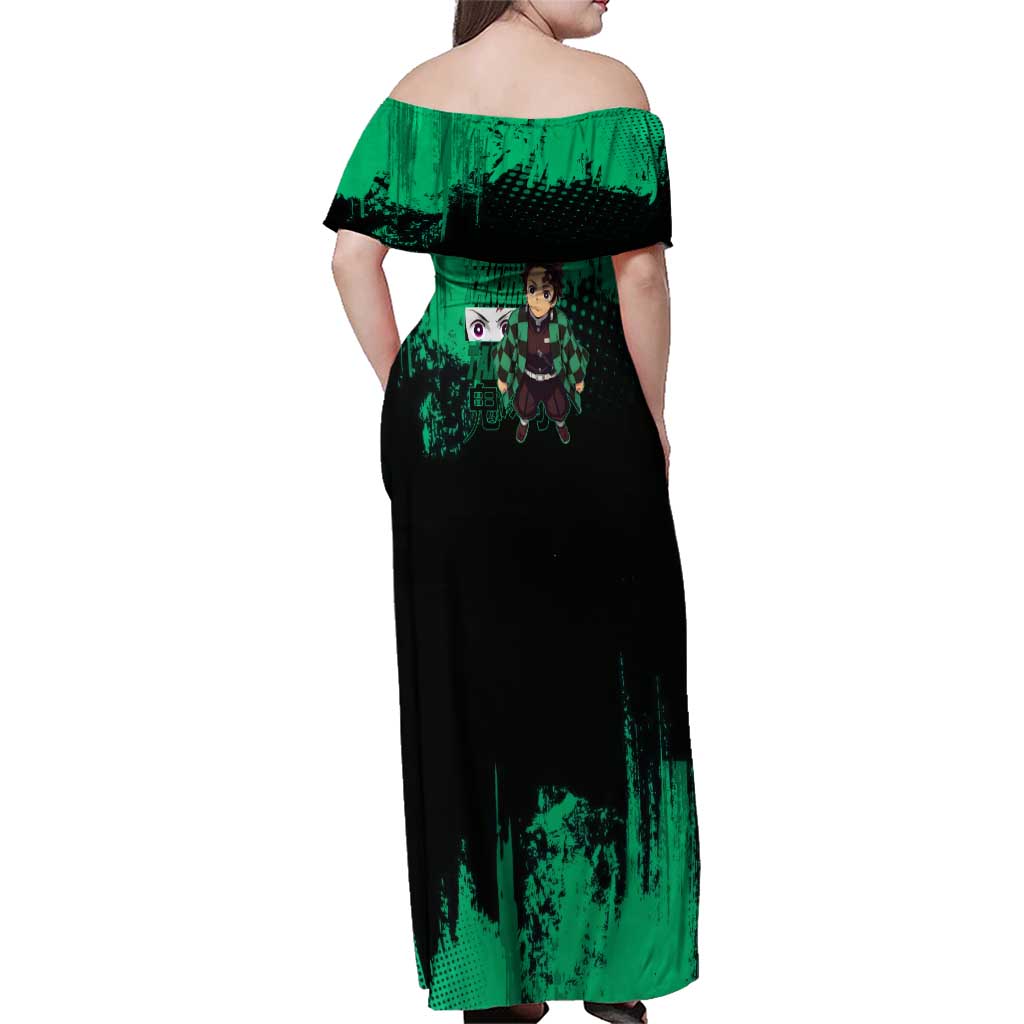 Tanjiro Kamado Demon Slayer Green Grunge Design Family Matching Off Shoulder Maxi Dress and Hawaiian Shirt with Determined Eyes and Classic Checkered Haori
