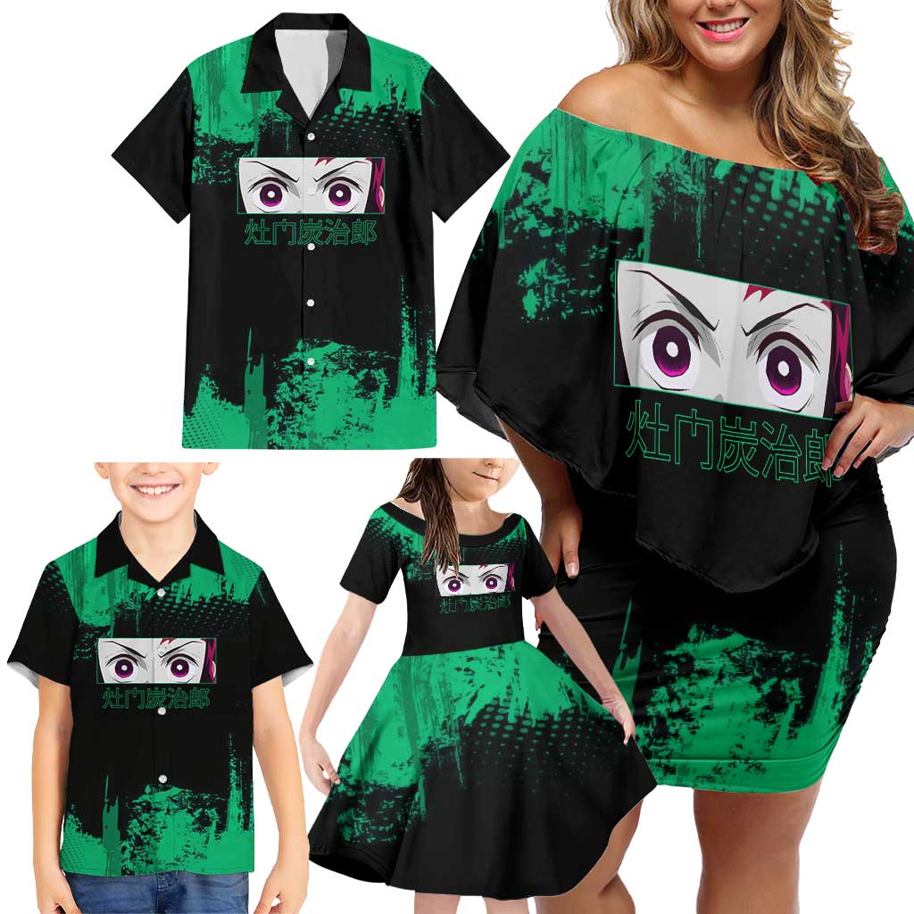 Tanjiro Kamado Demon Slayer Green Grunge Design Family Matching Off Shoulder Short Dress and Hawaiian Shirt with Determined Eyes and Classic Checkered Haori