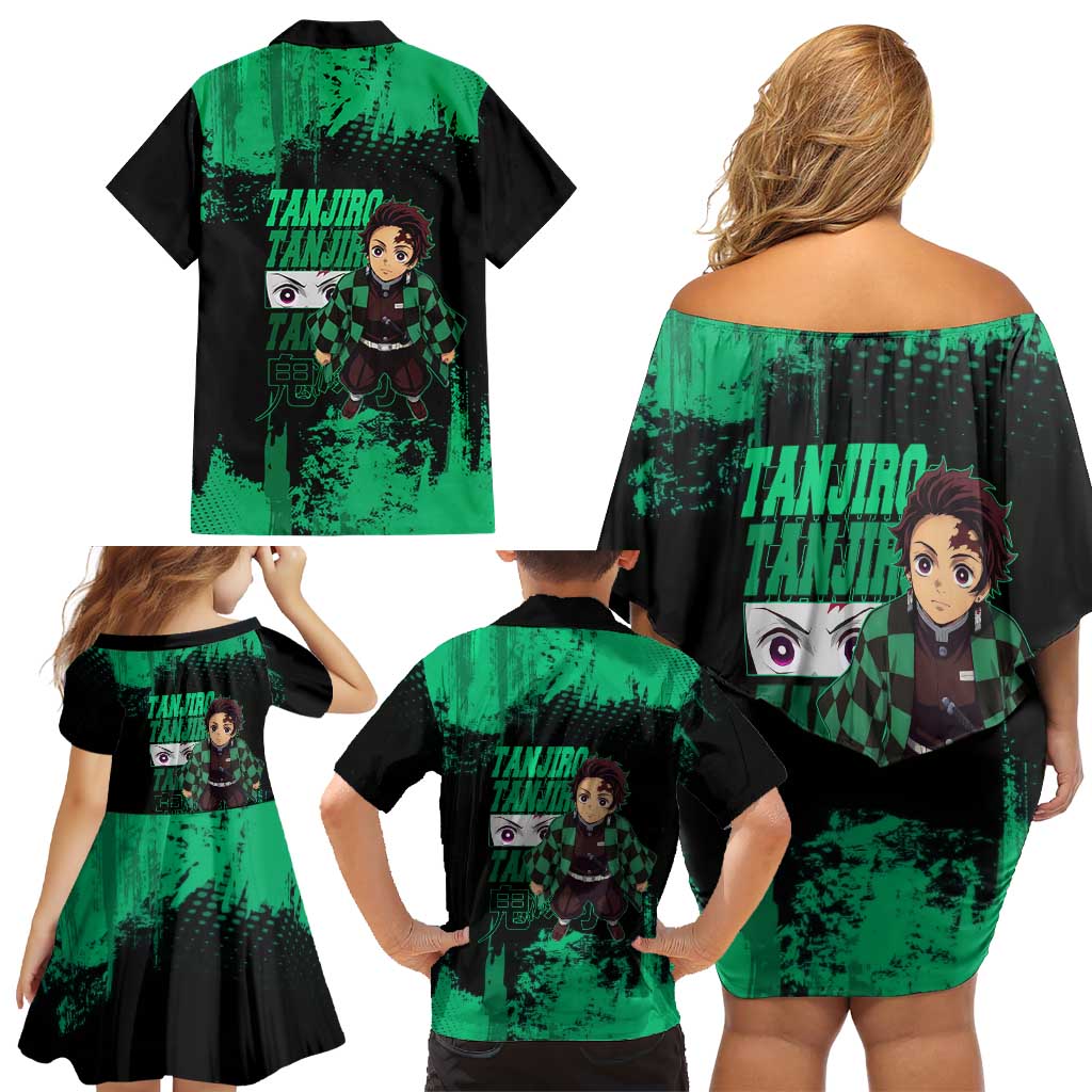 Tanjiro Kamado Demon Slayer Green Grunge Design Family Matching Off Shoulder Short Dress and Hawaiian Shirt with Determined Eyes and Classic Checkered Haori