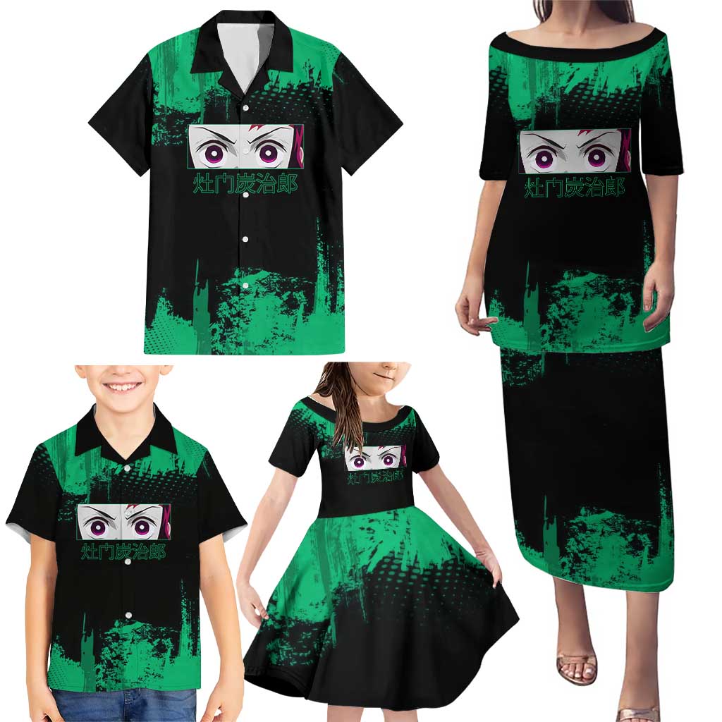 Tanjiro Kamado Demon Slayer Green Grunge Design Family Matching Puletasi and Hawaiian Shirt with Determined Eyes and Classic Checkered Haori
