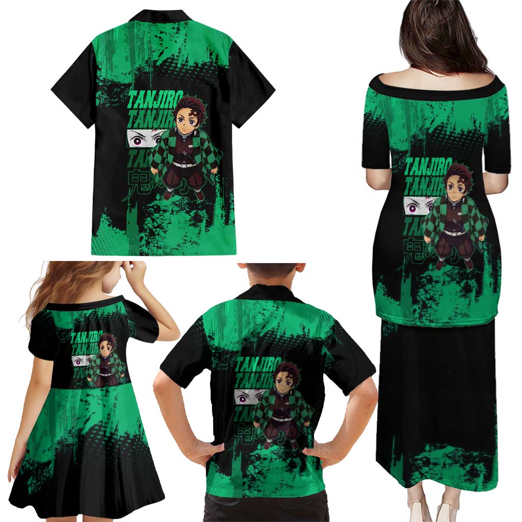 Tanjiro Kamado Demon Slayer Green Grunge Design Family Matching Puletasi and Hawaiian Shirt with Determined Eyes and Classic Checkered Haori