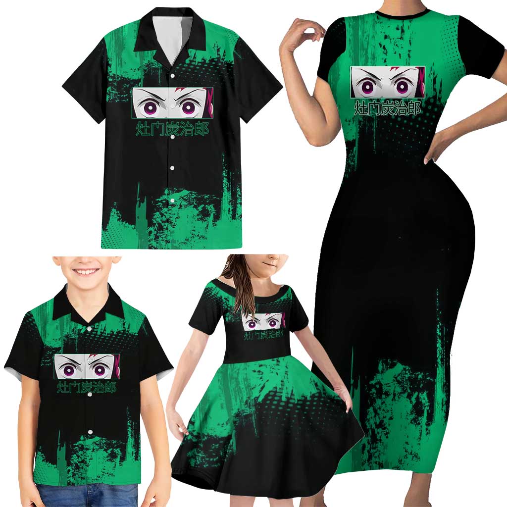 Tanjiro Kamado Demon Slayer Green Grunge Design Family Matching Short Sleeve Bodycon Dress and Hawaiian Shirt with Determined Eyes and Classic Checkered Haori