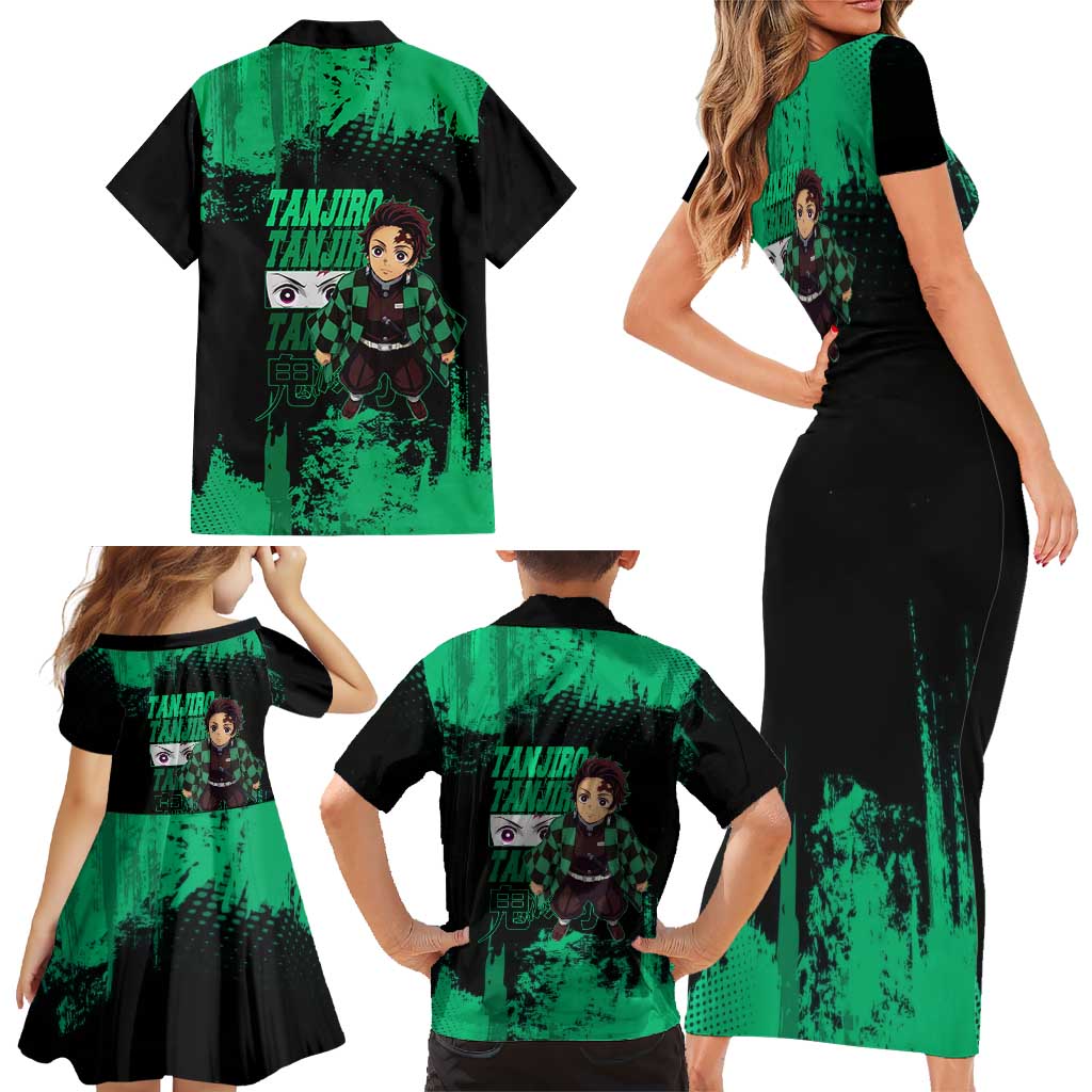 Tanjiro Kamado Demon Slayer Green Grunge Design Family Matching Short Sleeve Bodycon Dress and Hawaiian Shirt with Determined Eyes and Classic Checkered Haori