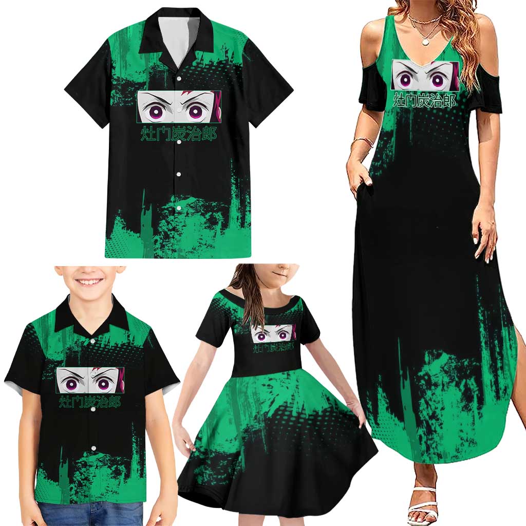 Tanjiro Kamado Demon Slayer Green Grunge Design Family Matching Summer Maxi Dress and Hawaiian Shirt with Determined Eyes and Classic Checkered Haori