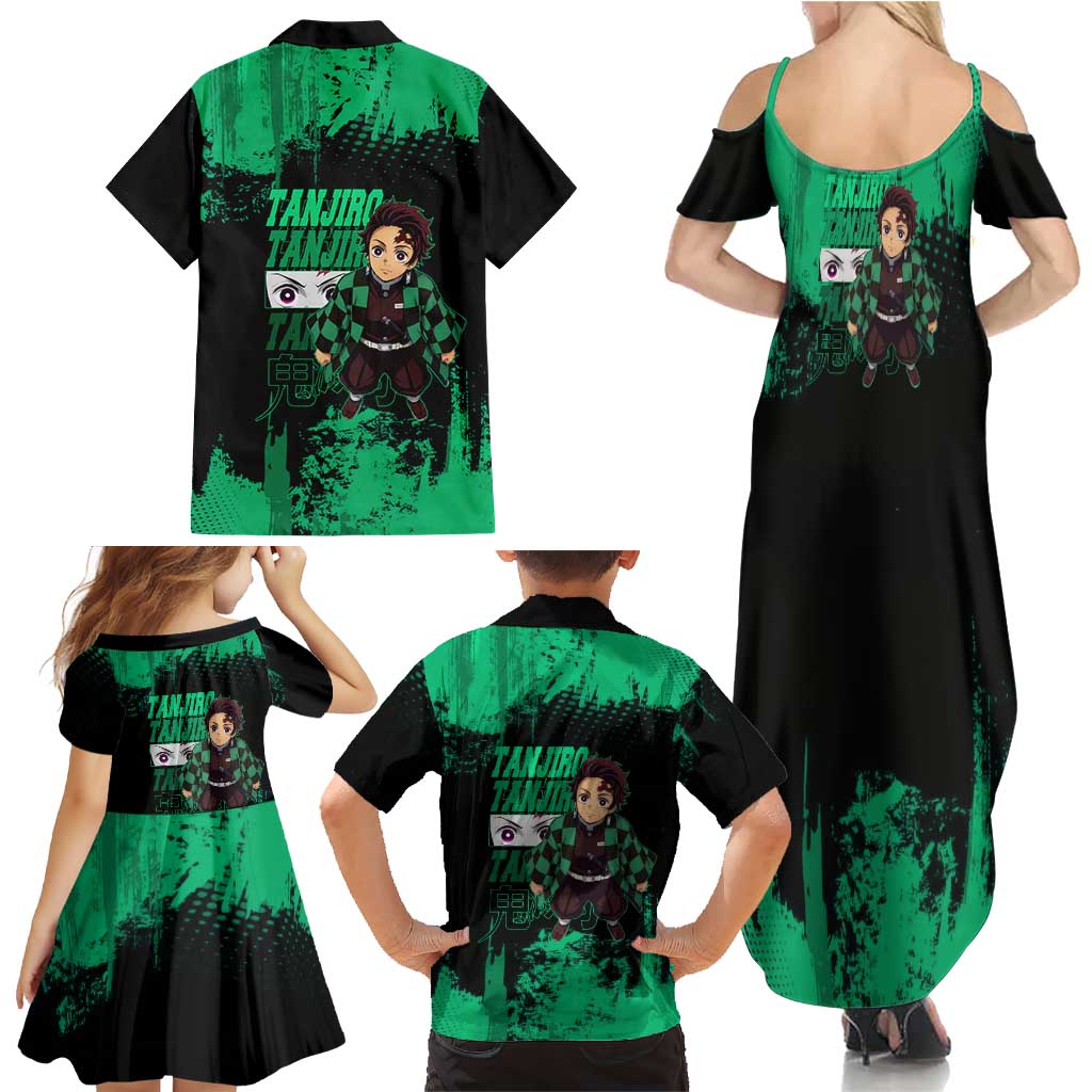 Tanjiro Kamado Demon Slayer Green Grunge Design Family Matching Summer Maxi Dress and Hawaiian Shirt with Determined Eyes and Classic Checkered Haori
