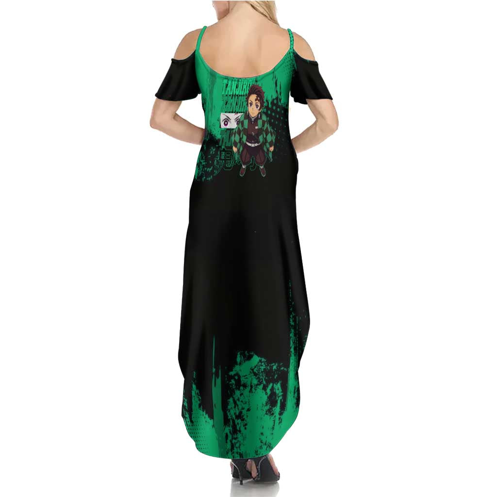 Tanjiro Kamado Demon Slayer Green Grunge Design Family Matching Summer Maxi Dress and Hawaiian Shirt with Determined Eyes and Classic Checkered Haori