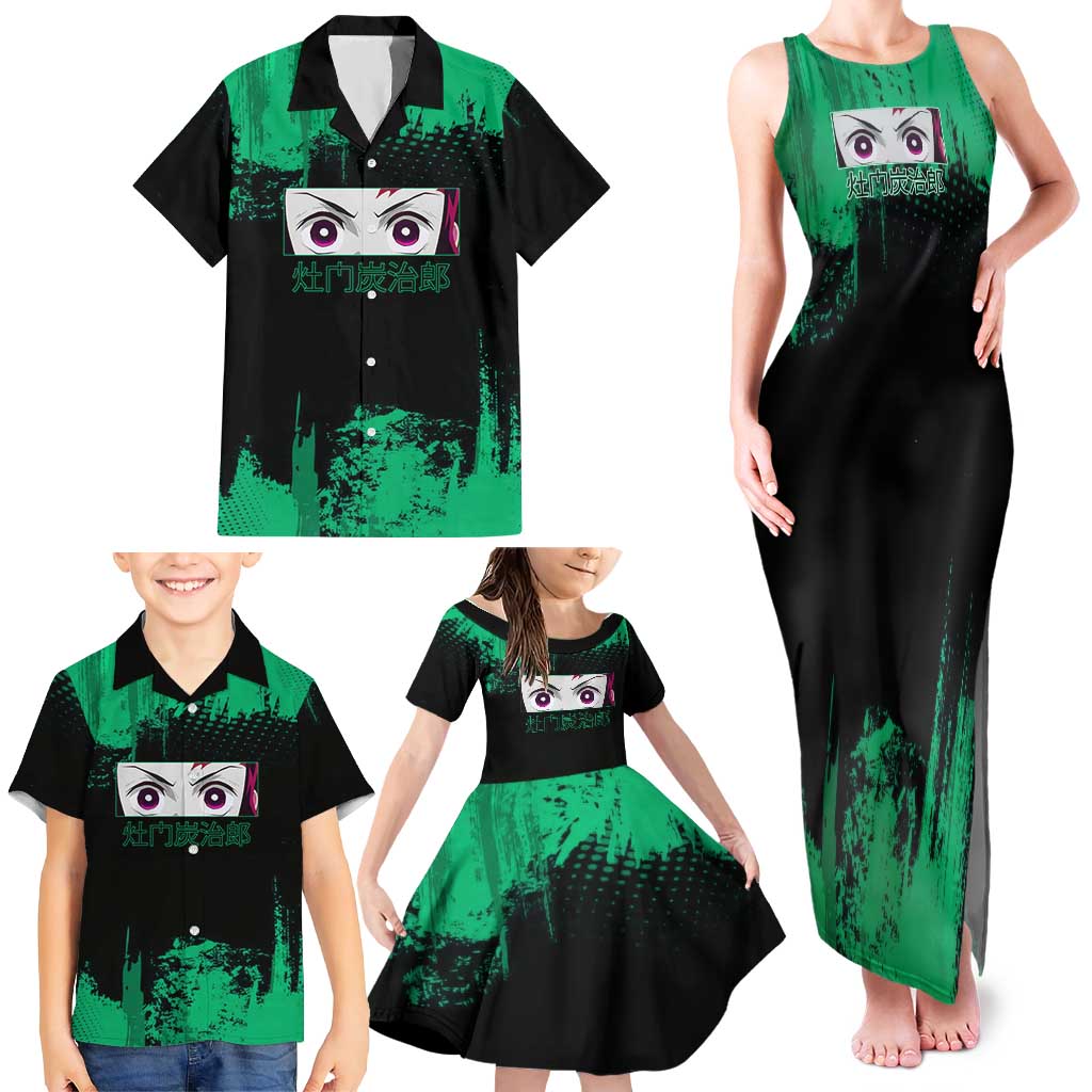 Tanjiro Kamado Demon Slayer Green Grunge Design Family Matching Tank Maxi Dress and Hawaiian Shirt with Determined Eyes and Classic Checkered Haori