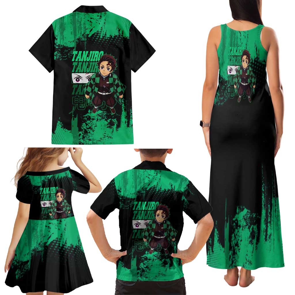 Tanjiro Kamado Demon Slayer Green Grunge Design Family Matching Tank Maxi Dress and Hawaiian Shirt with Determined Eyes and Classic Checkered Haori