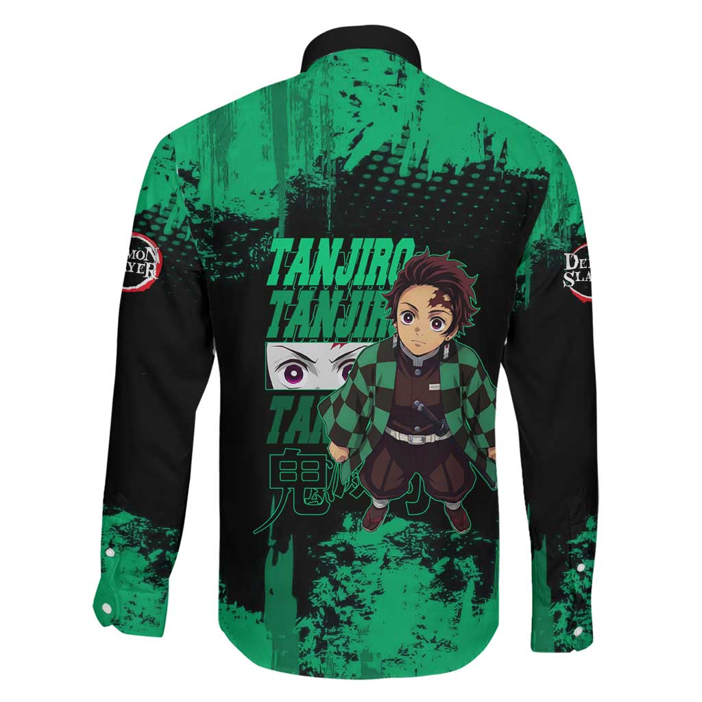 Tanjiro Kamado Demon Slayer Green Grunge Design Family Matching Tank Maxi Dress and Hawaiian Shirt with Determined Eyes and Classic Checkered Haori