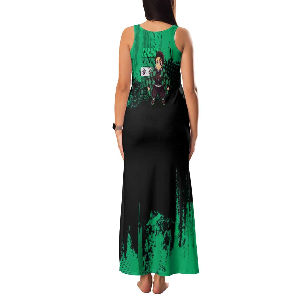 Tanjiro Kamado Demon Slayer Green Grunge Design Family Matching Tank Maxi Dress and Hawaiian Shirt with Determined Eyes and Classic Checkered Haori