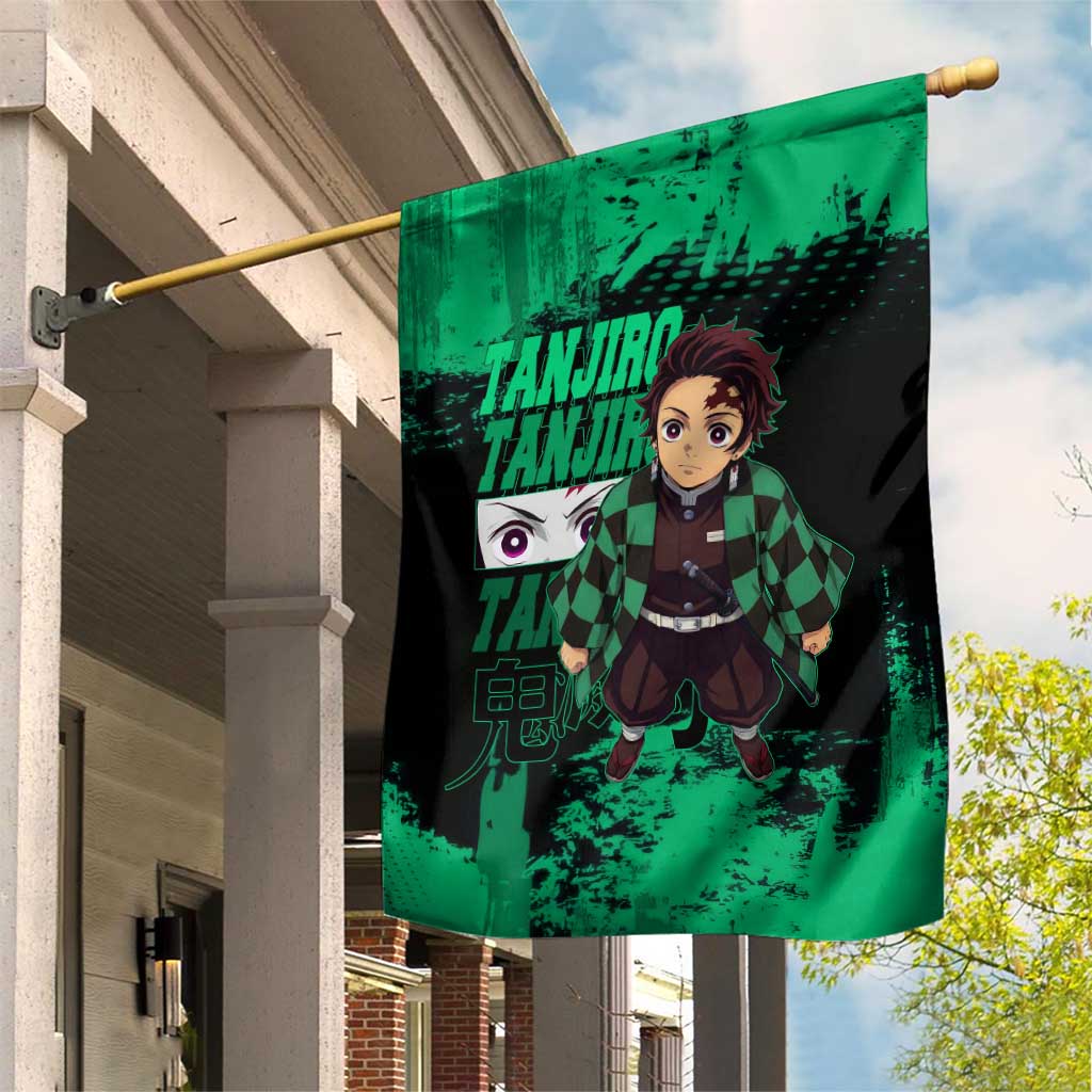 Tanjiro Kamado Demon Slayer Green Grunge Design Garden Flag with Determined Eyes and Classic Checkered Haori - The Mazicc
