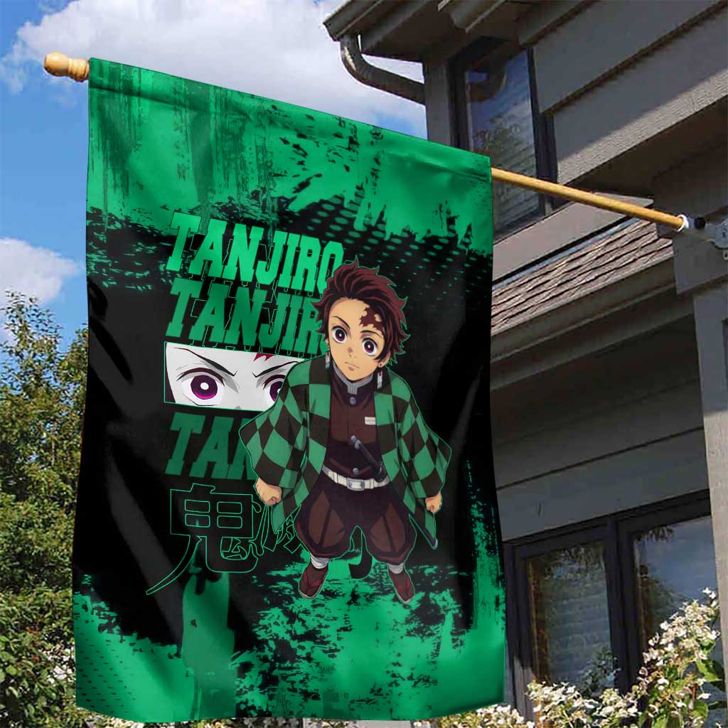 Tanjiro Kamado Demon Slayer Green Grunge Design Garden Flag with Determined Eyes and Classic Checkered Haori - The Mazicc