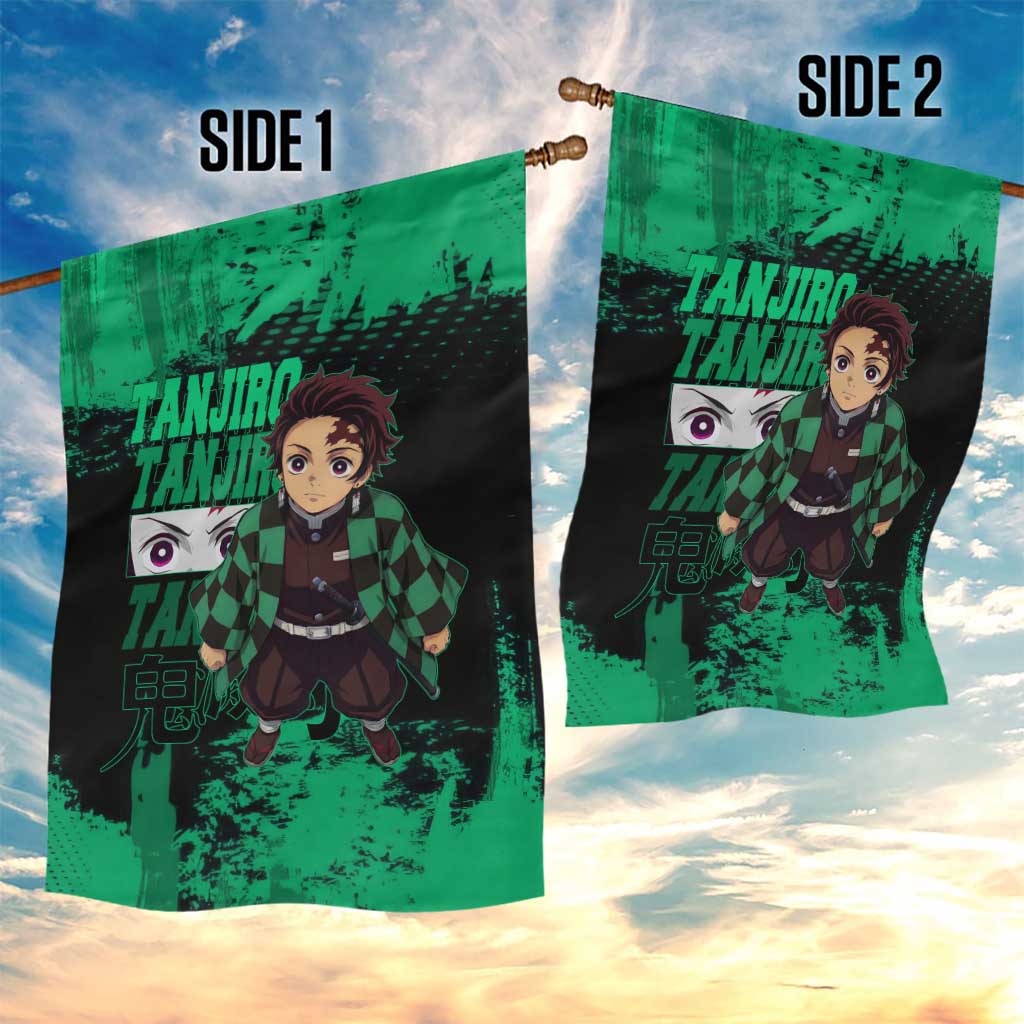 Tanjiro Kamado Demon Slayer Green Grunge Design Garden Flag with Determined Eyes and Classic Checkered Haori - The Mazicc