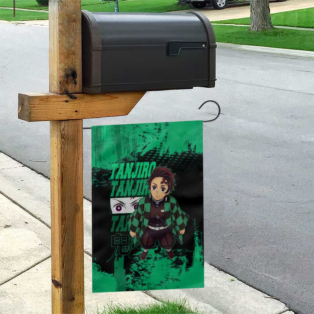 Tanjiro Kamado Demon Slayer Green Grunge Design Garden Flag with Determined Eyes and Classic Checkered Haori - The Mazicc