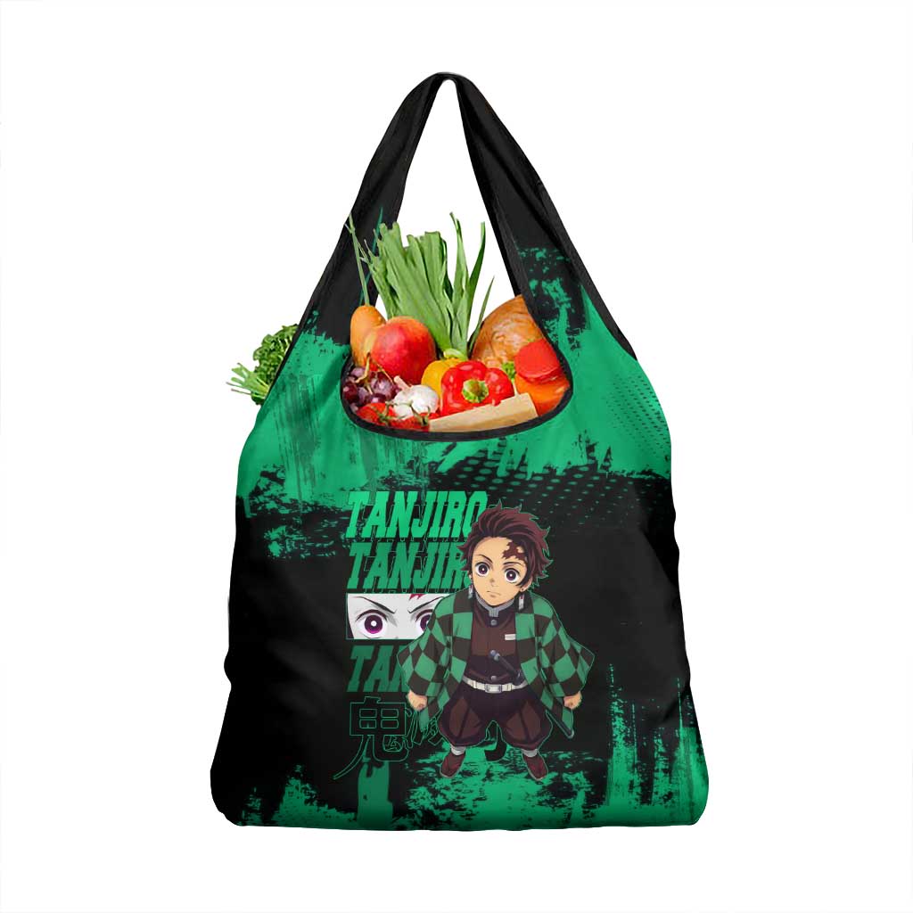 Tanjiro Kamado Demon Slayer Green Grunge Design Grocery Bag with Determined Eyes and Classic Checkered Haori - The Mazicc
