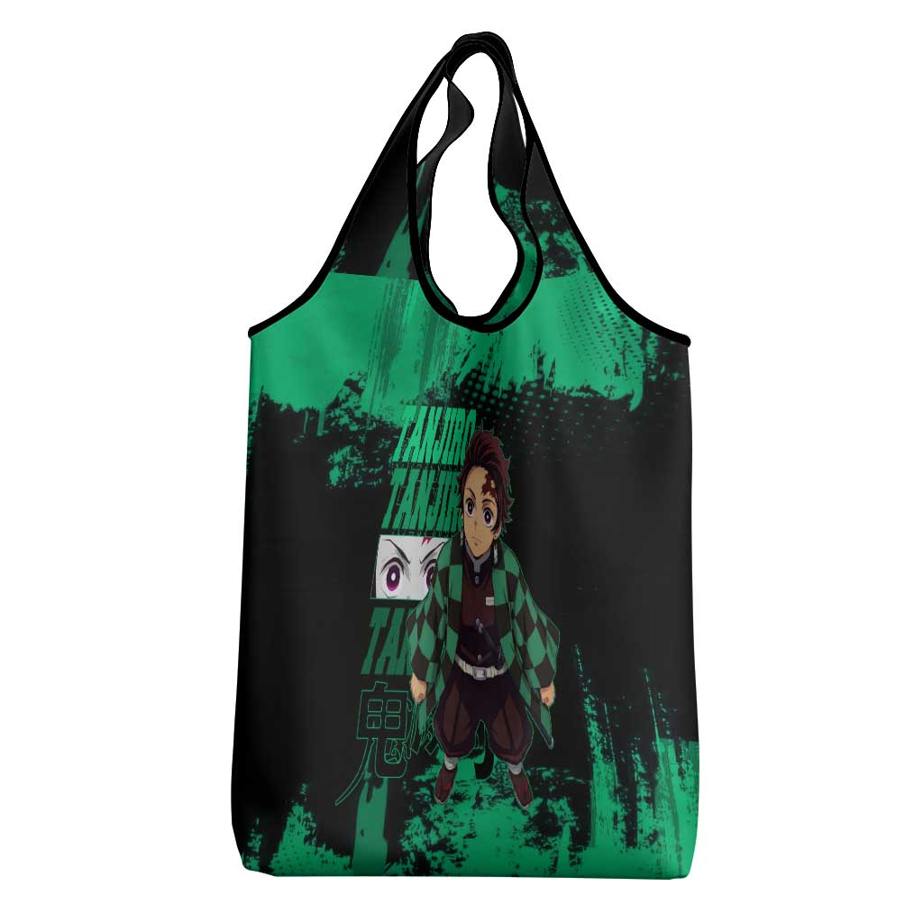 Tanjiro Kamado Demon Slayer Green Grunge Design Grocery Bag with Determined Eyes and Classic Checkered Haori - The Mazicc