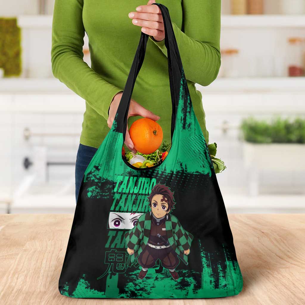 Tanjiro Kamado Demon Slayer Green Grunge Design Grocery Bag with Determined Eyes and Classic Checkered Haori - The Mazicc