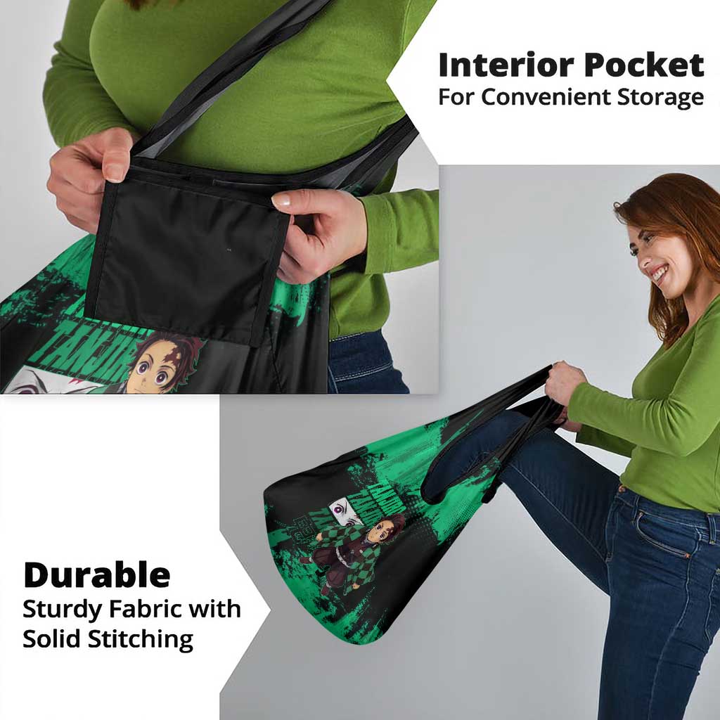Tanjiro Kamado Demon Slayer Green Grunge Design Grocery Bag with Determined Eyes and Classic Checkered Haori - The Mazicc