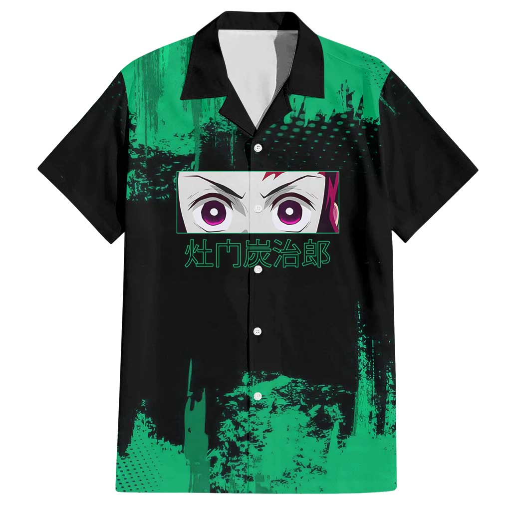 Tanjiro Kamado Demon Slayer Green Grunge Design Hawaiian Shirt with Determined Eyes and Classic Checkered Haori - The Mazicc