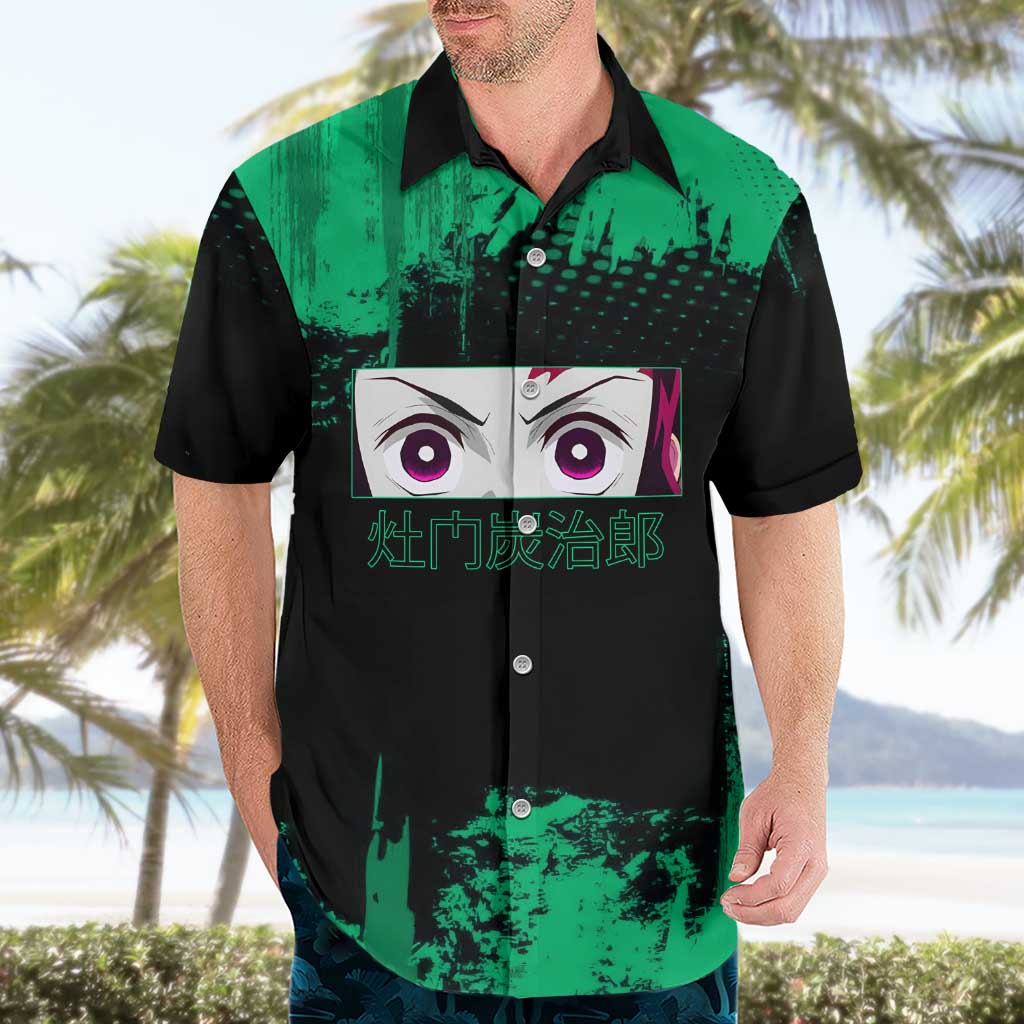 Tanjiro Kamado Demon Slayer Green Grunge Design Hawaiian Shirt with Determined Eyes and Classic Checkered Haori - The Mazicc