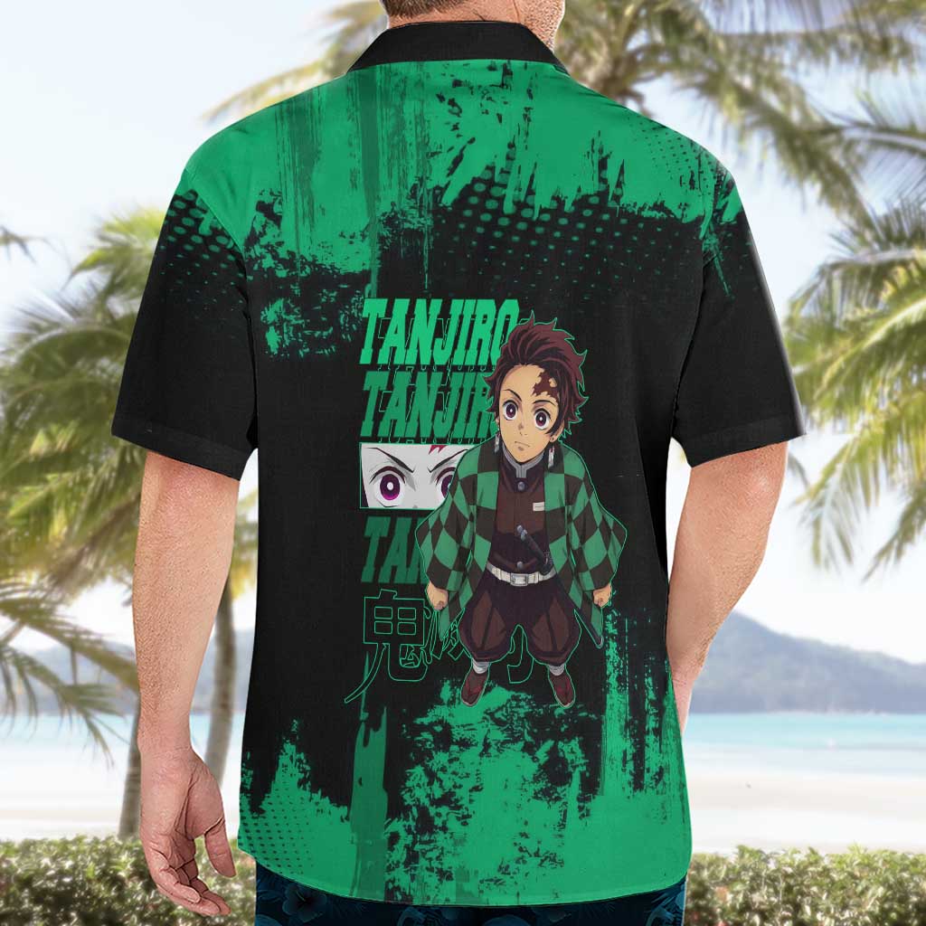 Tanjiro Kamado Demon Slayer Green Grunge Design Hawaiian Shirt with Determined Eyes and Classic Checkered Haori - The Mazicc