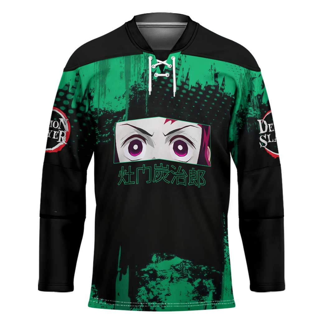 Tanjiro Kamado Demon Slayer Green Grunge Design Hockey Jersey with Determined Eyes and Classic Checkered Haori - The Mazicc