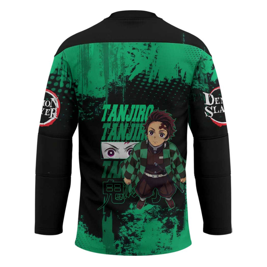 Tanjiro Kamado Demon Slayer Green Grunge Design Hockey Jersey with Determined Eyes and Classic Checkered Haori - The Mazicc