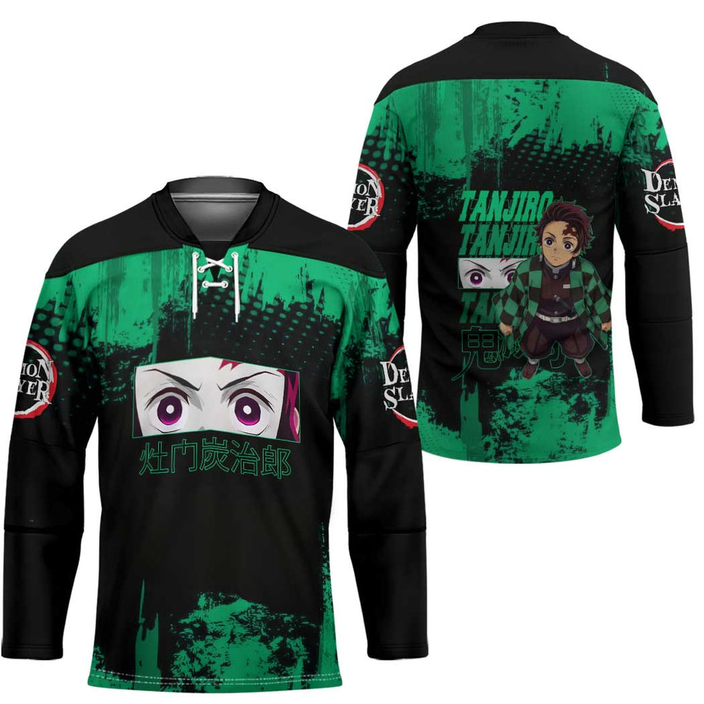 Tanjiro Kamado Demon Slayer Green Grunge Design Hockey Jersey with Determined Eyes and Classic Checkered Haori - The Mazicc