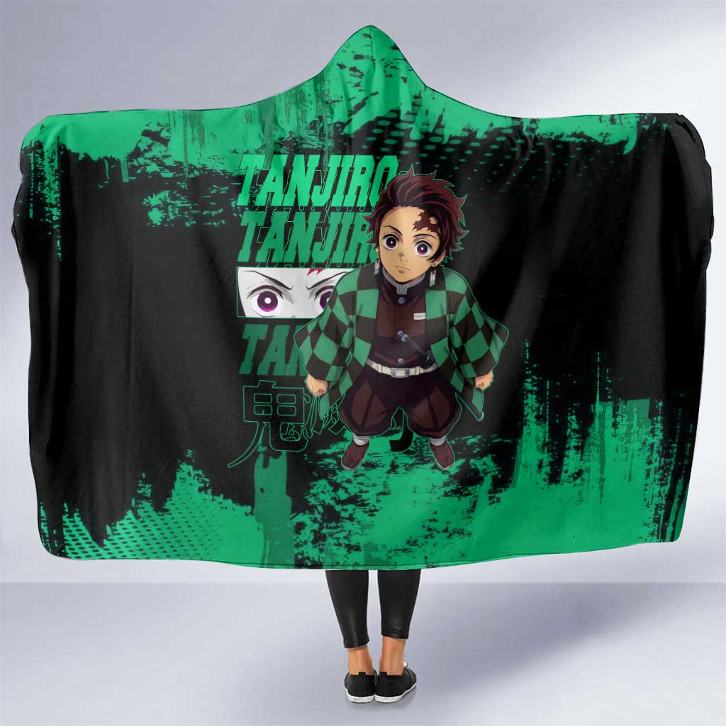 Tanjiro Kamado Demon Slayer Green Grunge Design Hooded Blanket with Determined Eyes and Classic Checkered Haori - The Mazicc