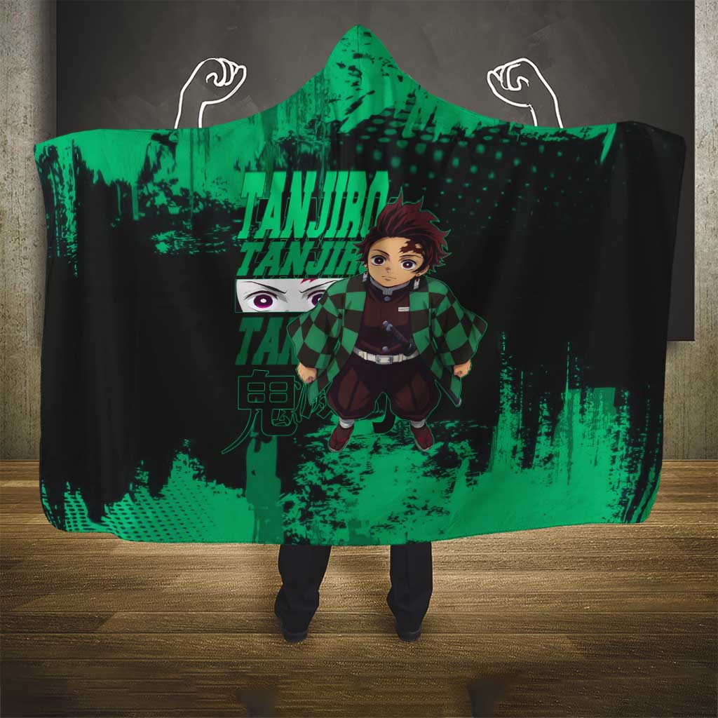 Tanjiro Kamado Demon Slayer Green Grunge Design Hooded Blanket with Determined Eyes and Classic Checkered Haori - The Mazicc
