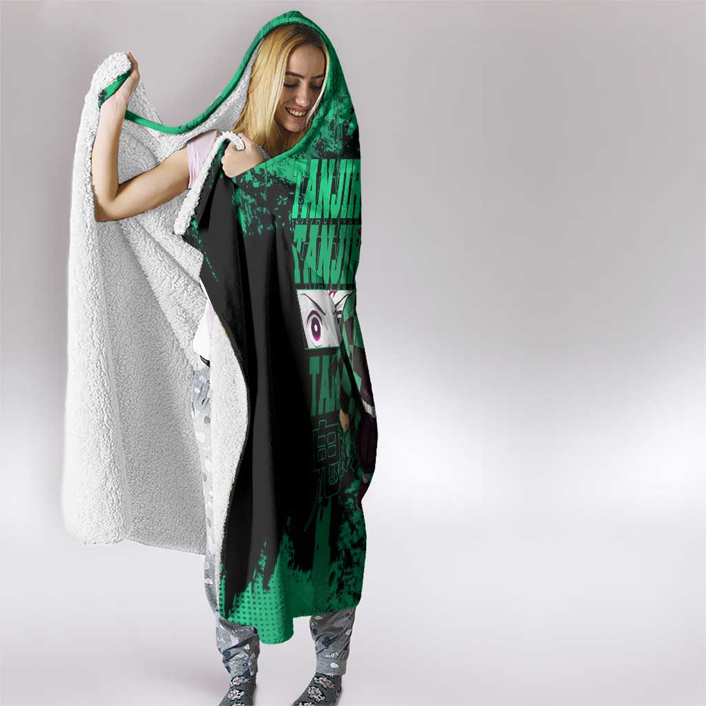 Tanjiro Kamado Demon Slayer Green Grunge Design Hooded Blanket with Determined Eyes and Classic Checkered Haori - The Mazicc