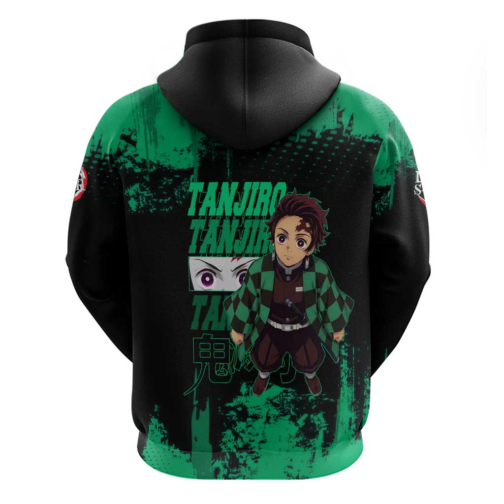 Tanjiro Kamado Demon Slayer Green Grunge Design Hoodie with Determined Eyes and Classic Checkered Haori - The Mazicc