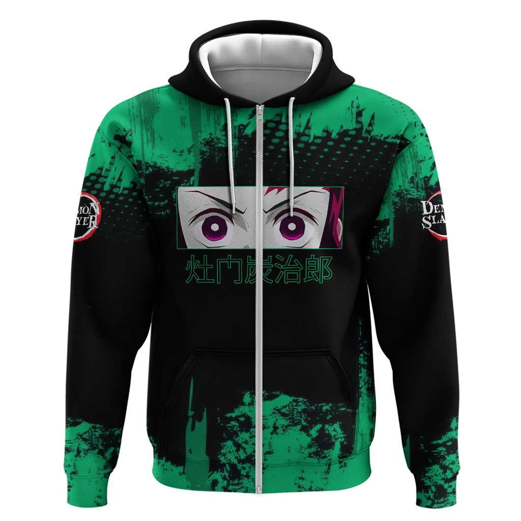 Tanjiro Kamado Demon Slayer Green Grunge Design Hoodie with Determined Eyes and Classic Checkered Haori - The Mazicc