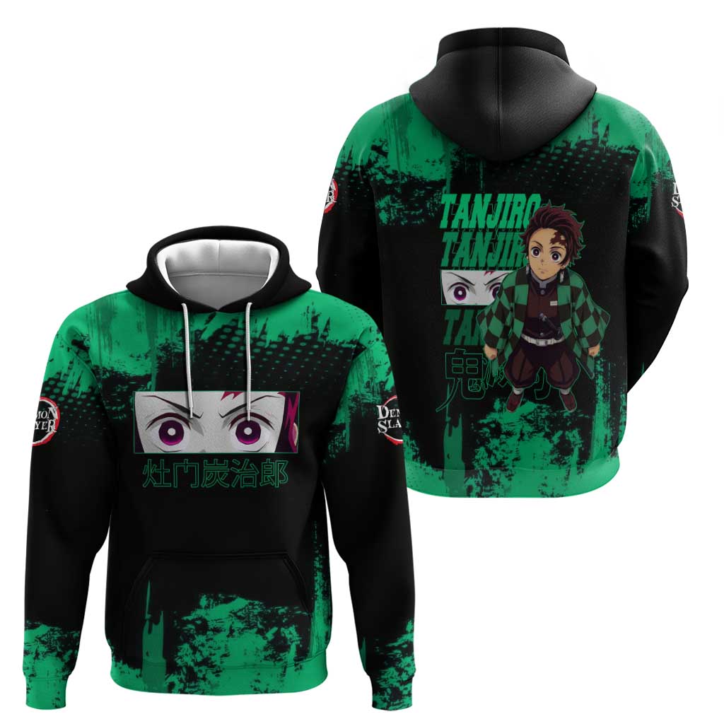 Tanjiro Kamado Demon Slayer Green Grunge Design Hoodie with Determined Eyes and Classic Checkered Haori - The Mazicc