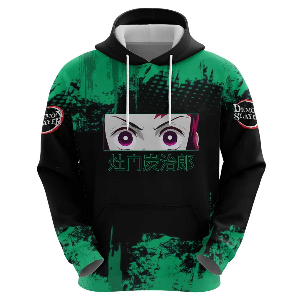 Tanjiro Kamado Demon Slayer Green Grunge Design Hoodie with Determined Eyes and Classic Checkered Haori - The Mazicc