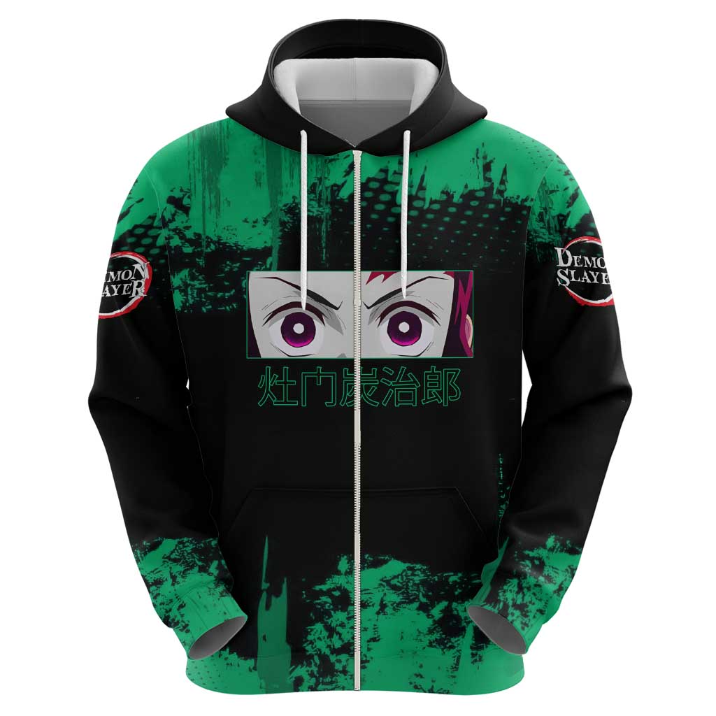 Tanjiro Kamado Demon Slayer Green Grunge Design Hoodie with Determined Eyes and Classic Checkered Haori - The Mazicc