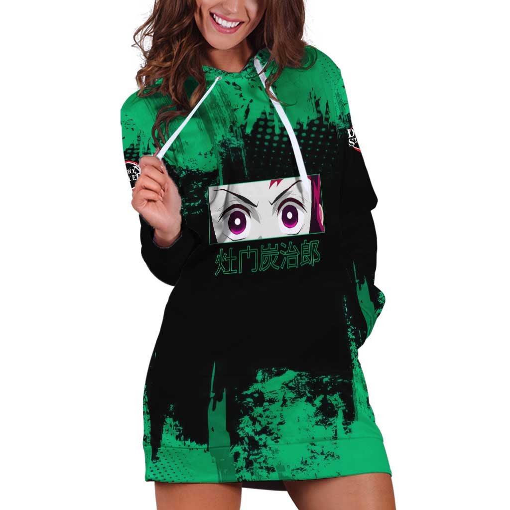 Tanjiro Kamado Demon Slayer Green Grunge Design Hoodie Dress with Determined Eyes and Classic Checkered Haori - The Mazicc