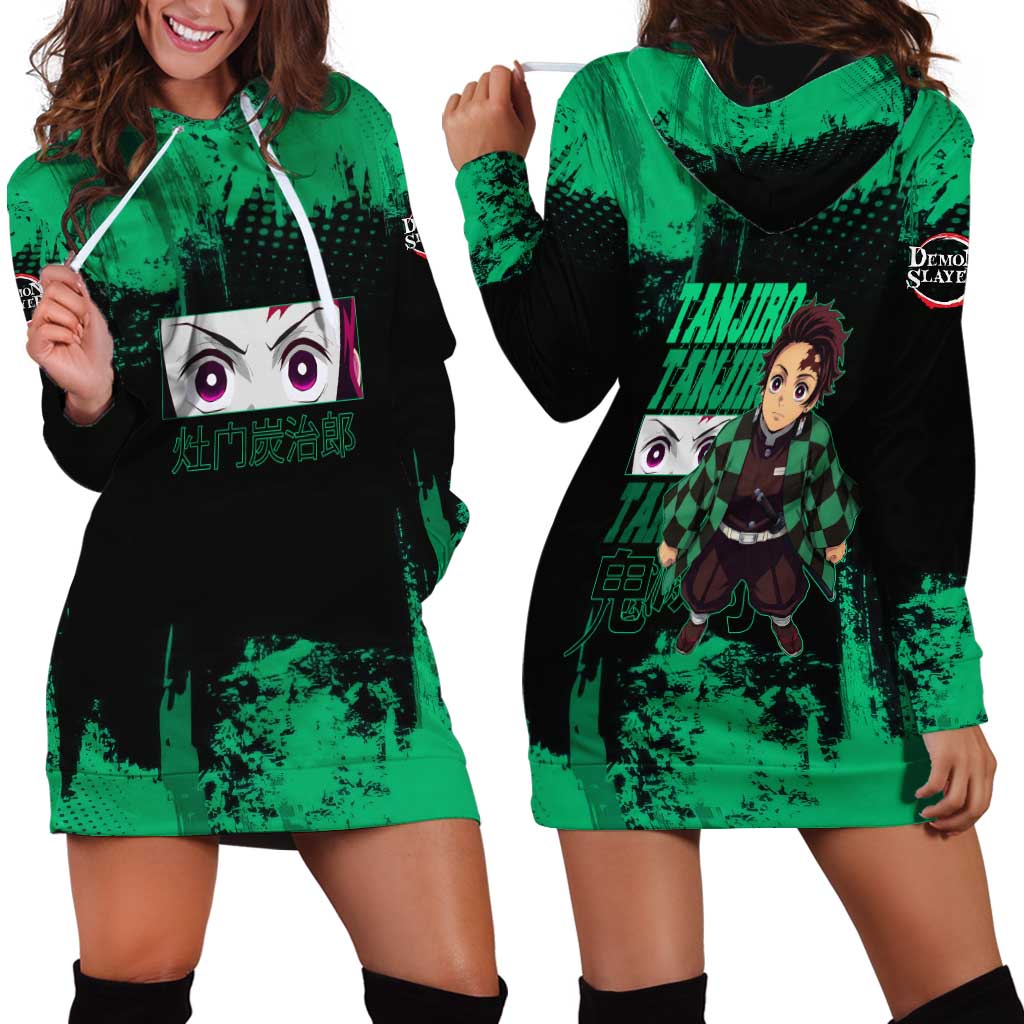 Tanjiro Kamado Demon Slayer Green Grunge Design Hoodie Dress with Determined Eyes and Classic Checkered Haori - The Mazicc