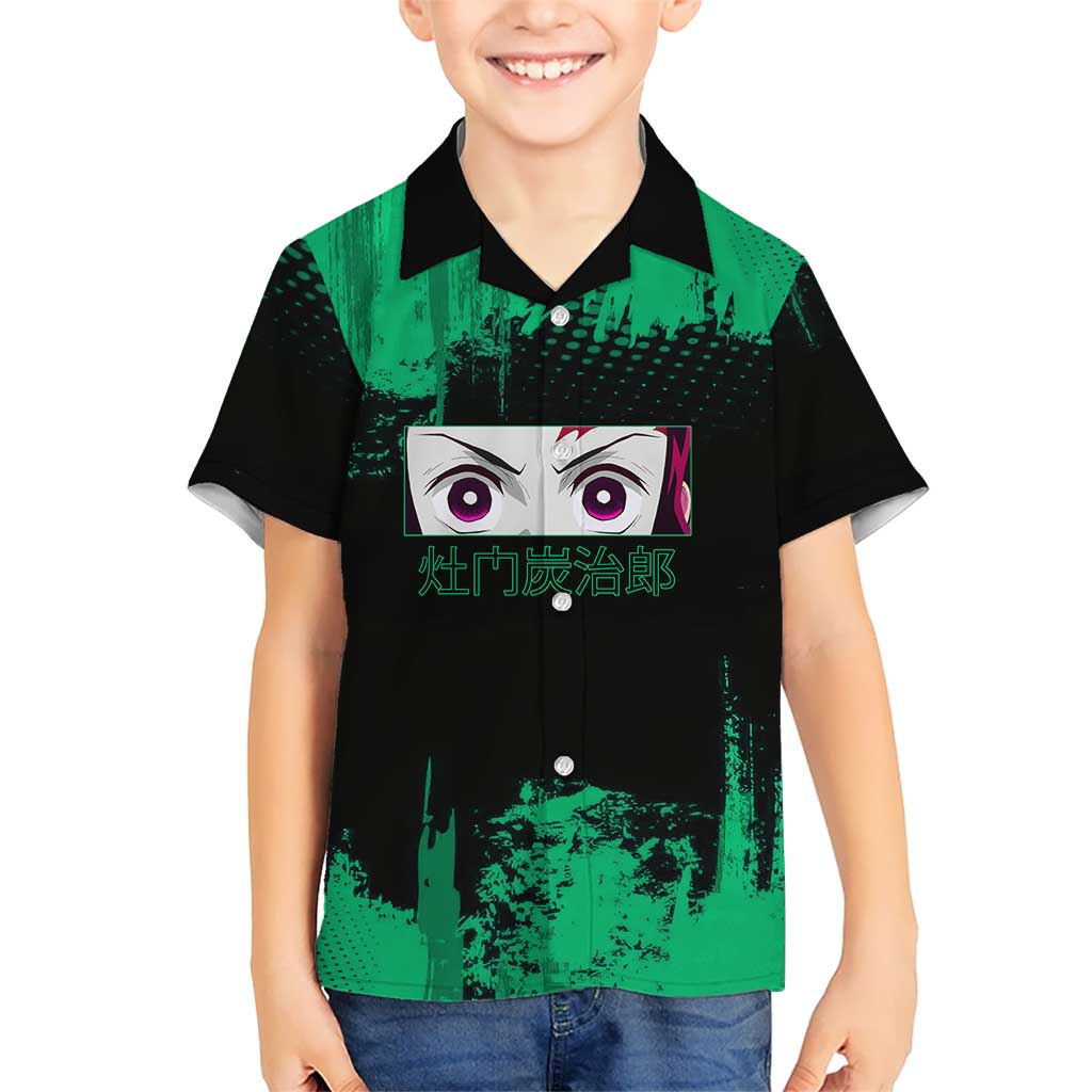Tanjiro Kamado Demon Slayer Green Grunge Design Kid Hawaiian Shirt with Determined Eyes and Classic Checkered Haori - The Mazicc