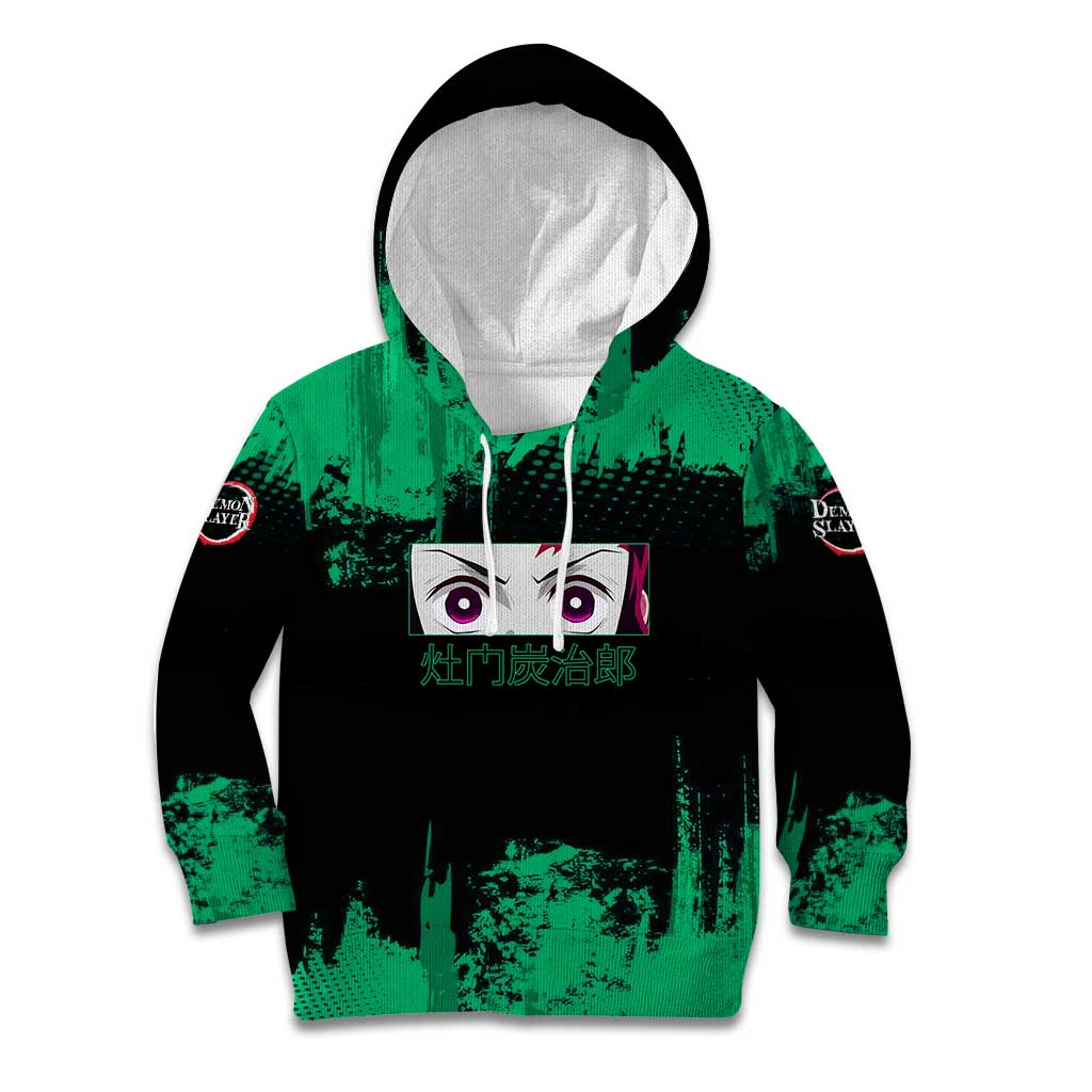 Tanjiro Kamado Demon Slayer Green Grunge Design Kid Hoodie with Determined Eyes and Classic Checkered Haori - The Mazicc