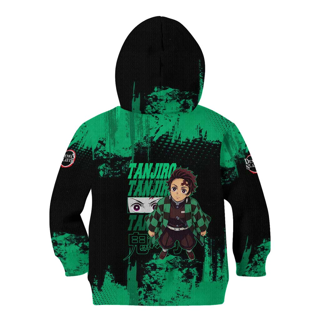 Tanjiro Kamado Demon Slayer Green Grunge Design Kid Hoodie with Determined Eyes and Classic Checkered Haori - The Mazicc