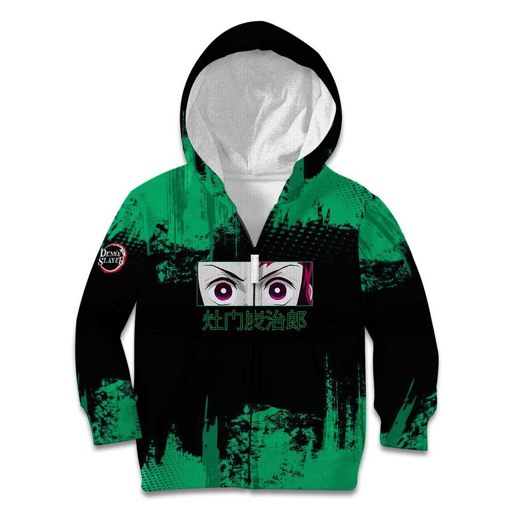 Tanjiro Kamado Demon Slayer Green Grunge Design Kid Hoodie with Determined Eyes and Classic Checkered Haori - The Mazicc