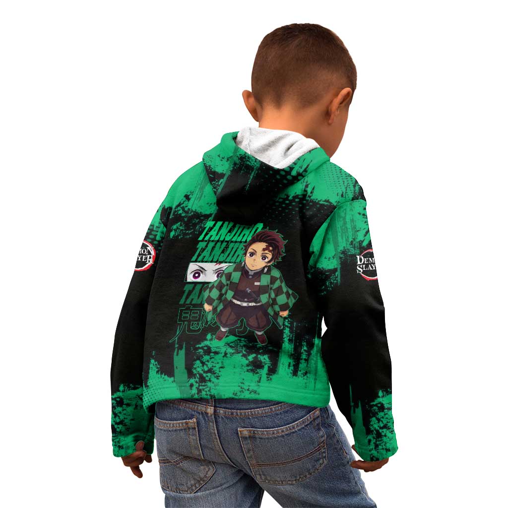 Tanjiro Kamado Demon Slayer Green Grunge Design Kid Hoodie with Determined Eyes and Classic Checkered Haori - The Mazicc