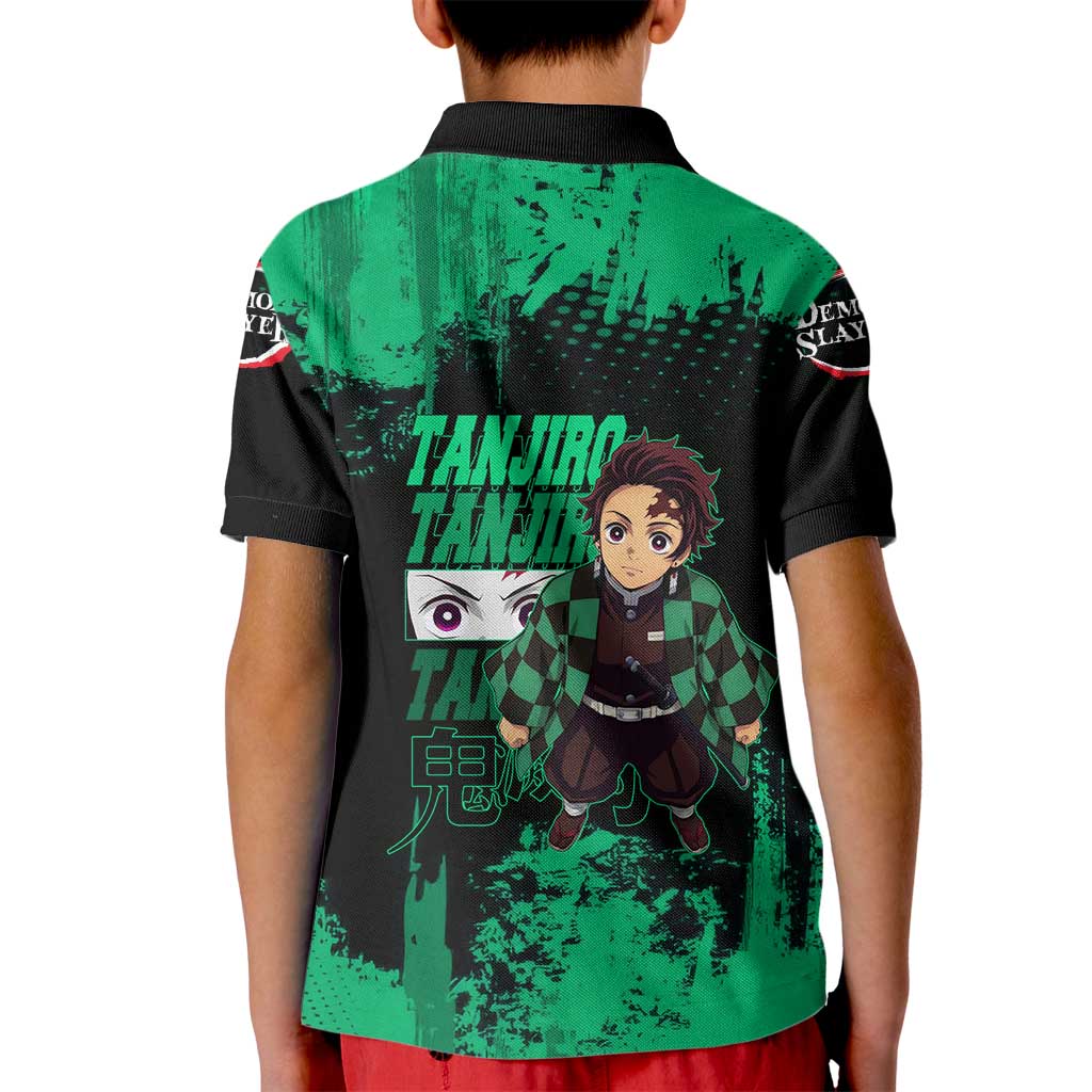 Tanjiro Kamado Demon Slayer Green Grunge Design Kid Polo Shirt with Determined Eyes and Classic Checkered Haori - The Mazicc