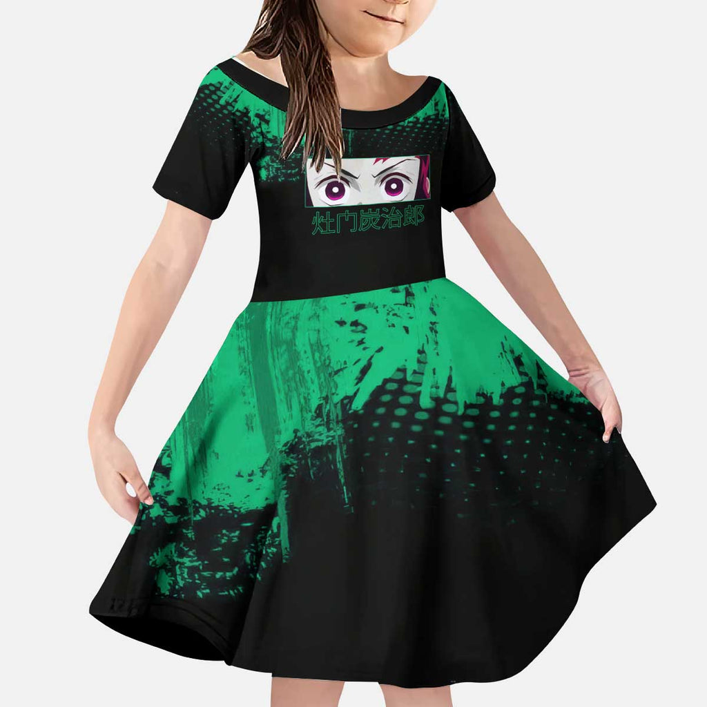 Tanjiro Kamado Demon Slayer Green Grunge Design Kid Short Sleeve Dress with Determined Eyes and Classic Checkered Haori - The Mazicc