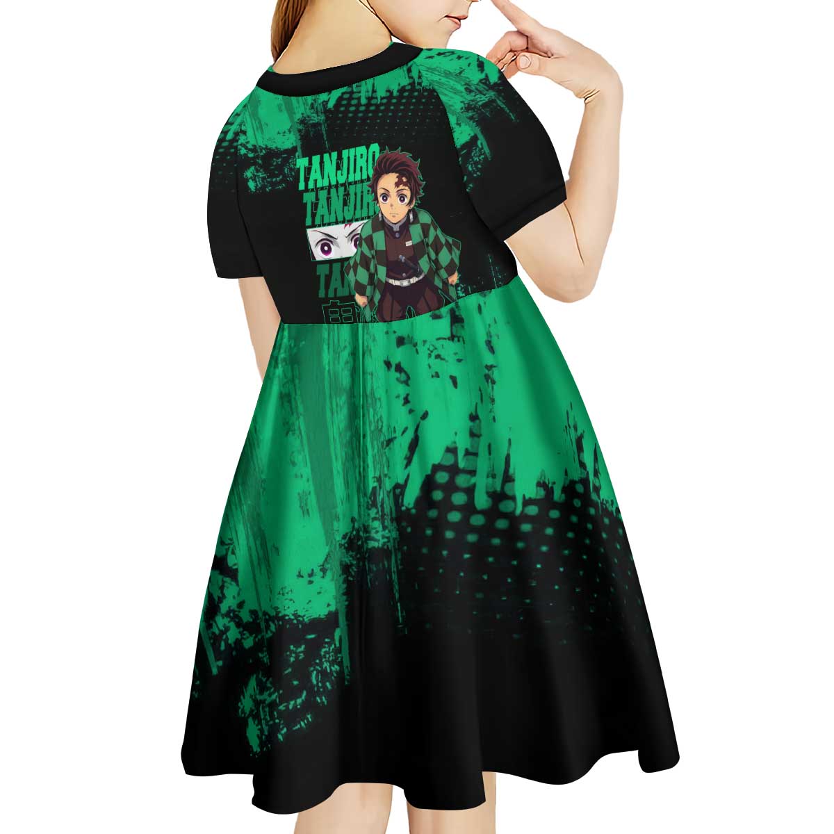 Tanjiro Kamado Demon Slayer Green Grunge Design Kid Short Sleeve Dress with Determined Eyes and Classic Checkered Haori - The Mazicc