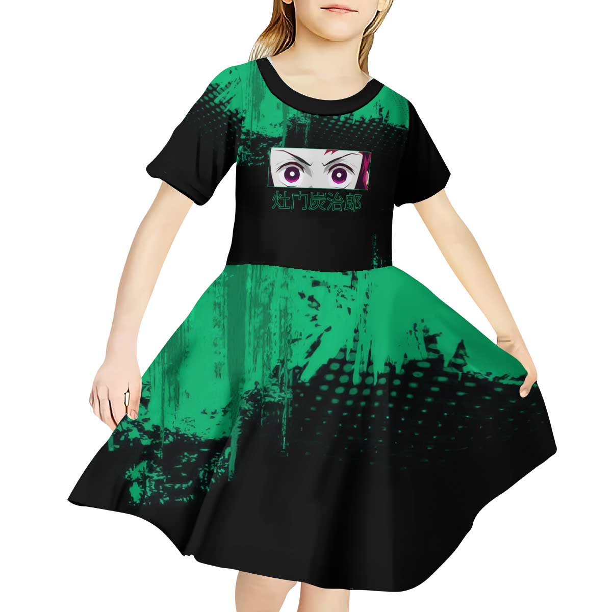 Tanjiro Kamado Demon Slayer Green Grunge Design Kid Short Sleeve Dress with Determined Eyes and Classic Checkered Haori - The Mazicc