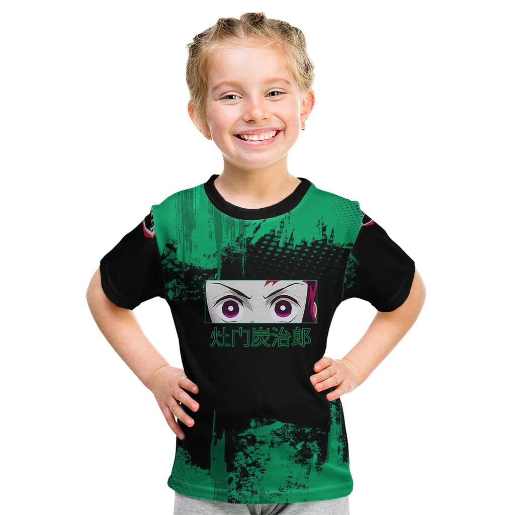 Tanjiro Kamado Demon Slayer Green Grunge Design Kid T Shirt with Determined Eyes and Classic Checkered Haori - The Mazicc