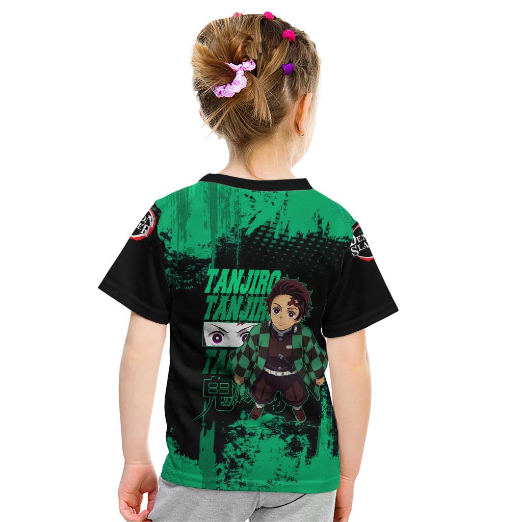 Tanjiro Kamado Demon Slayer Green Grunge Design Kid T Shirt with Determined Eyes and Classic Checkered Haori - The Mazicc